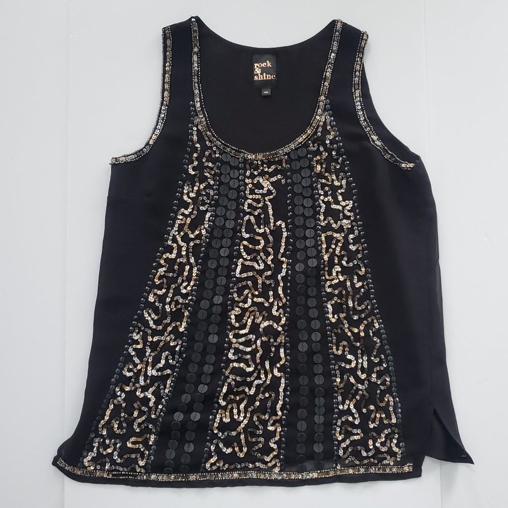 Black Embellished Tank Top Blouse Side Vents Champagne Silver Beads & Sequins